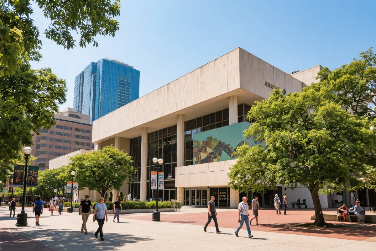 亚特兰大白天的文化街区与博物馆外观，行人、绿树与现代建筑并存