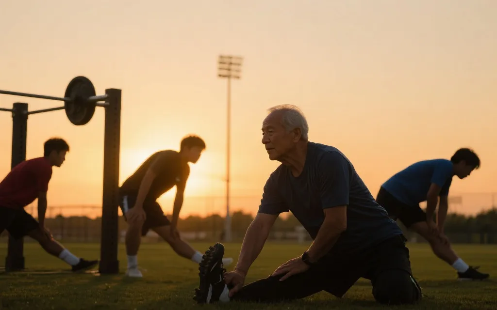 训练场上老将与年轻球员同框，夕阳下进行拉伸与力量训练，氛围沉静坚定