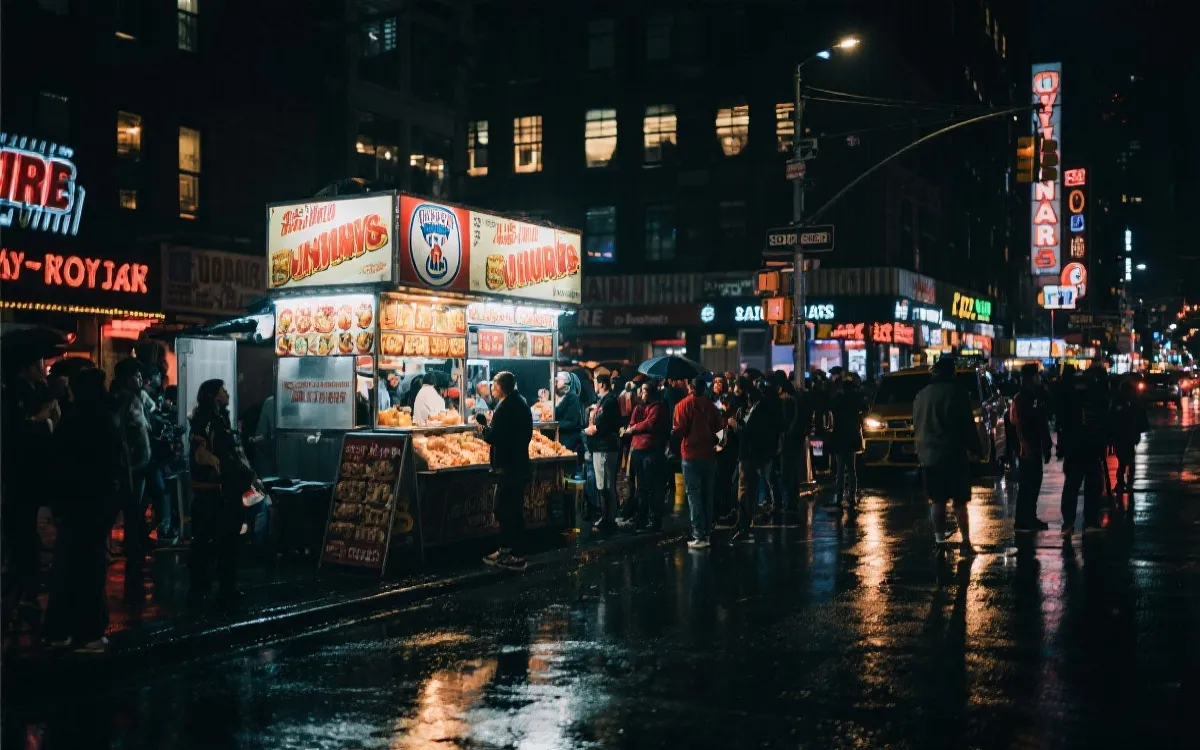 夜色中的纽约街头球迷氛围与美食摊位
